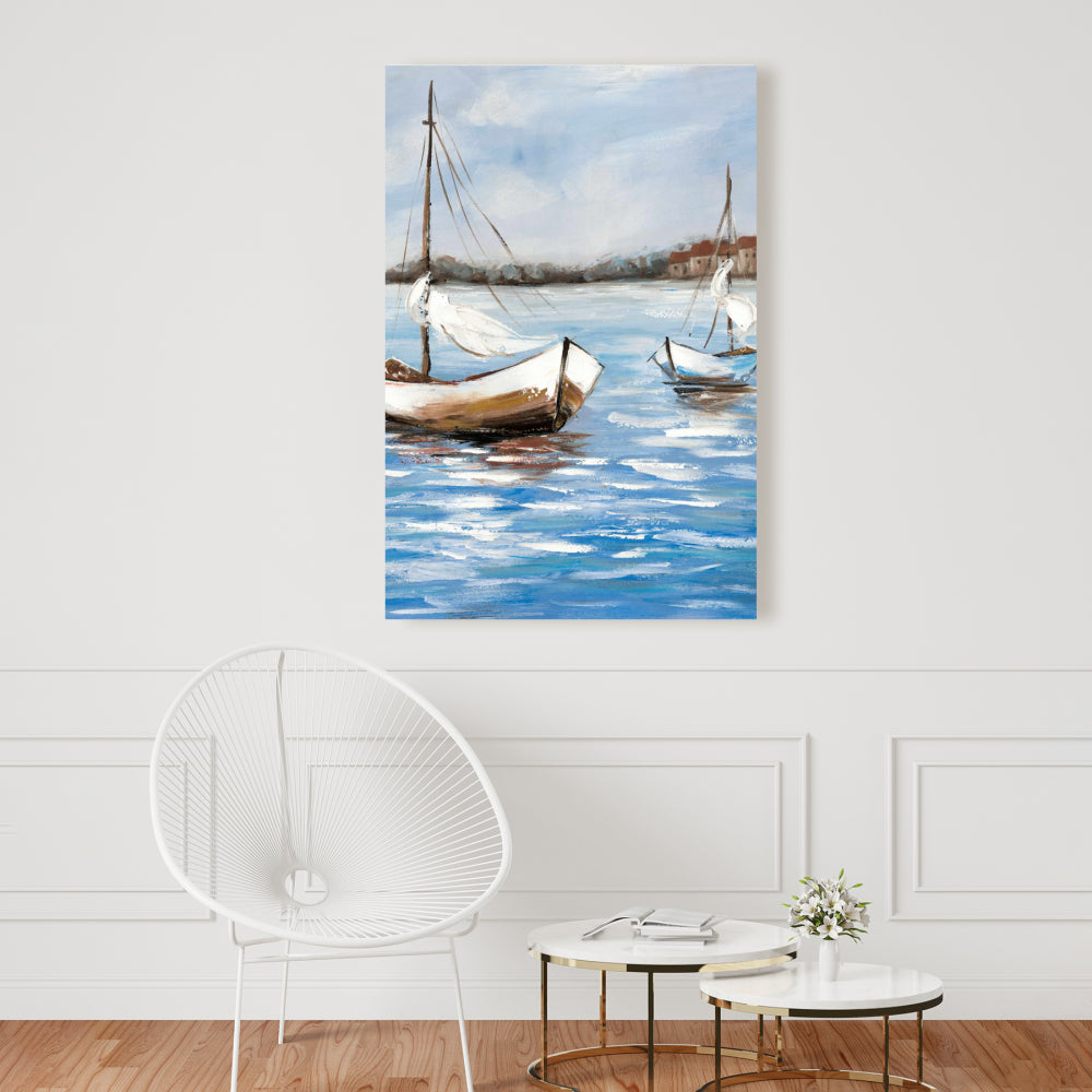 Blue Coastal Canvas - Two Boats on Water | Home Decor Art