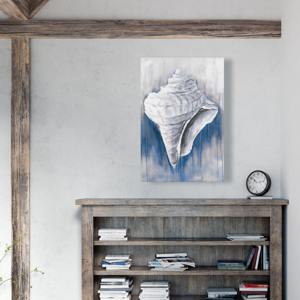 Blue Conical Shell Canvas - Coastal Bathroom Decor Artwork