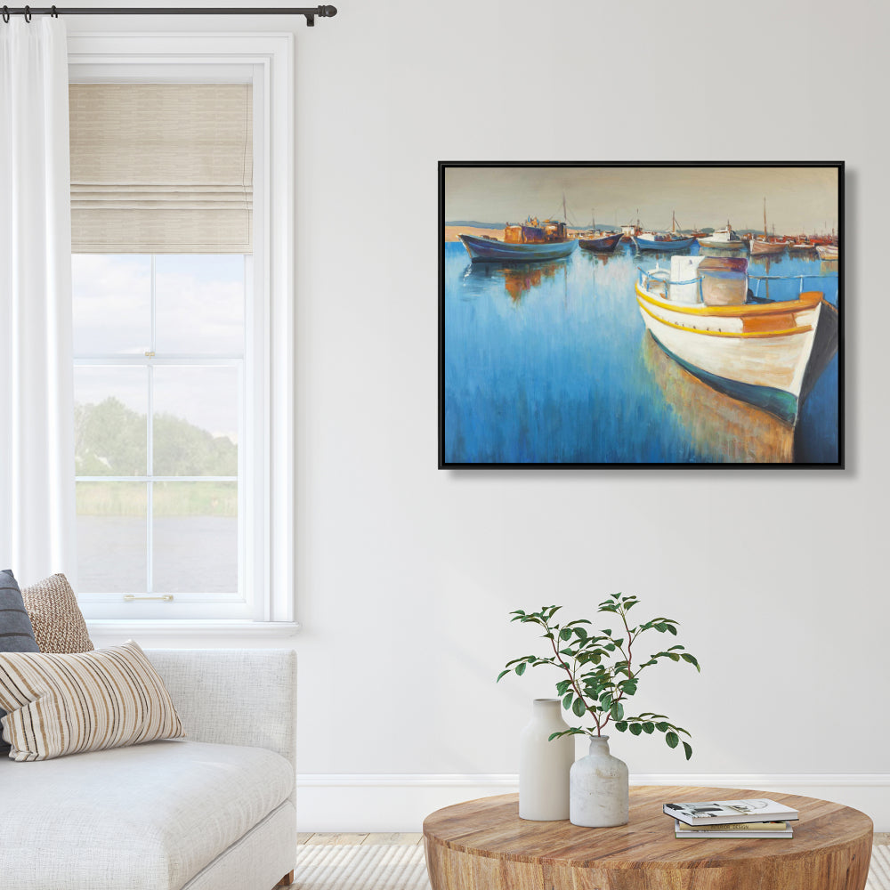 Fishing Boats at the Marina Canvas - Blue Framed Home Decor