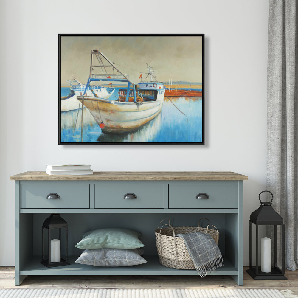 Fishing Boat Canvas | Blue Framed Art for Hobbies Bedroom