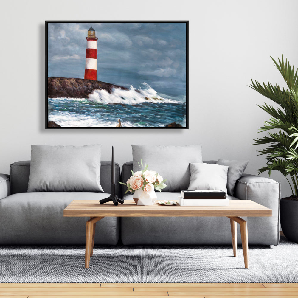 Lighthouse at the Edge of the Sea | Coastal Framed Canvas Decor