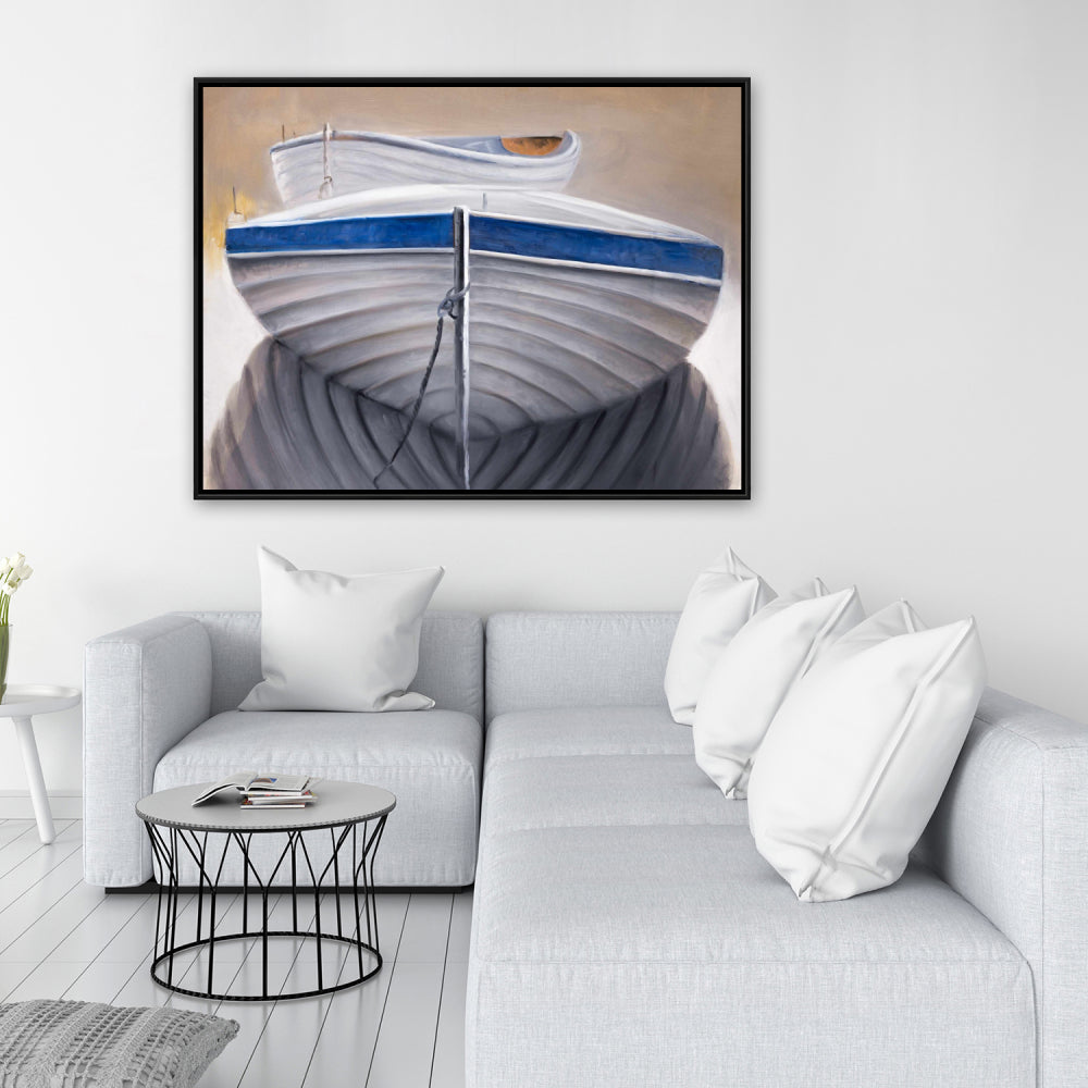 Coastal Blue Canvas - Two Canoe Boats Framed Art Decor