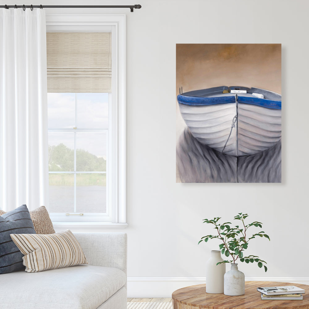 Canoe Boat Blue Coastal Canvas - Nautical Home Decor Art