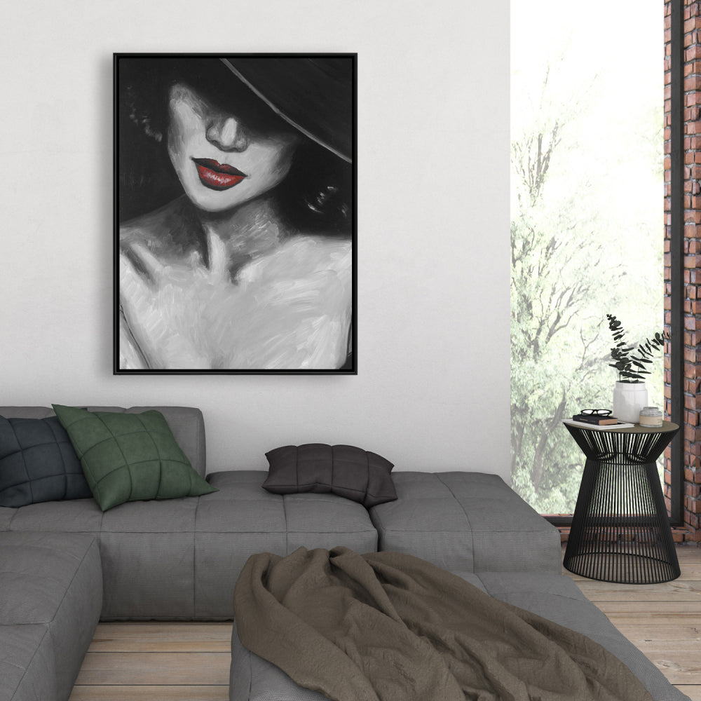 Toile encadrée « Beauté de la chambre grise » – Mystérieuse dame aux lèvres rouges