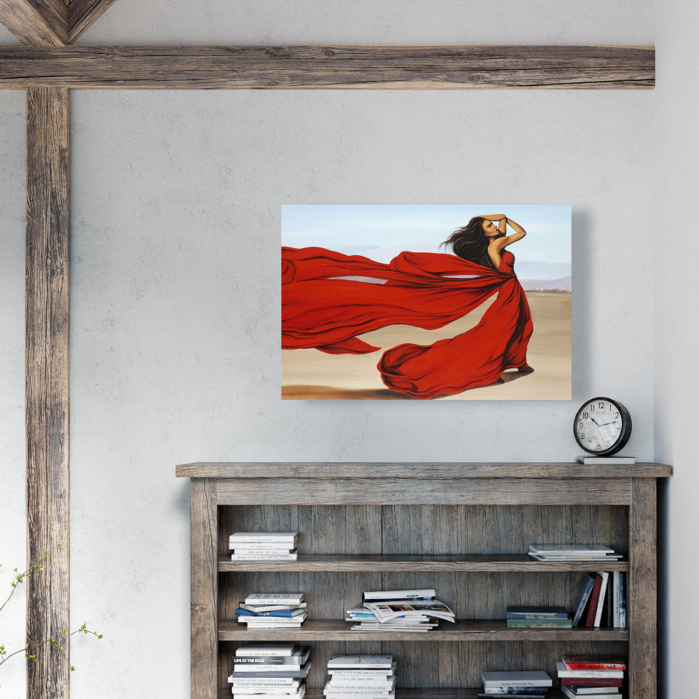 Contemporary Blue Canvas - Woman in Red Dress Desert Decor