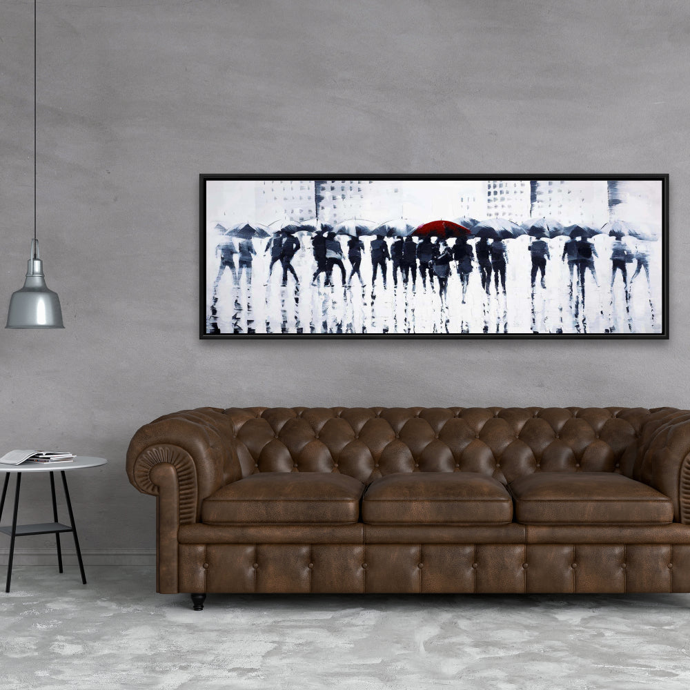 Silhouettes Walking in Rain - Blue Bedroom Framed Canvas Decor