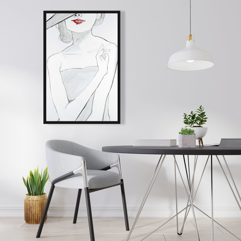 Gray Romantic Bedroom Canvas - Woman with Hat Framed Decor