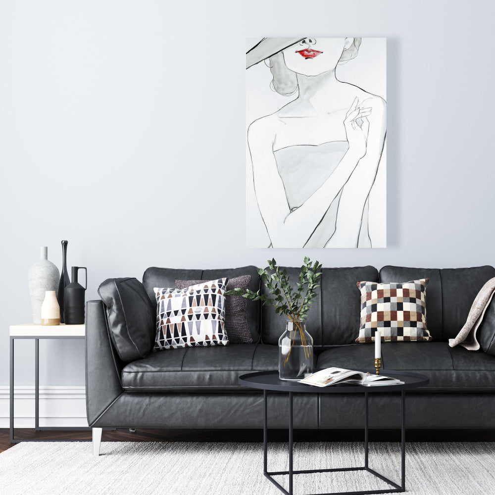 Romantic Bedroom Gray Canvas - Woman with Hat Home Decor