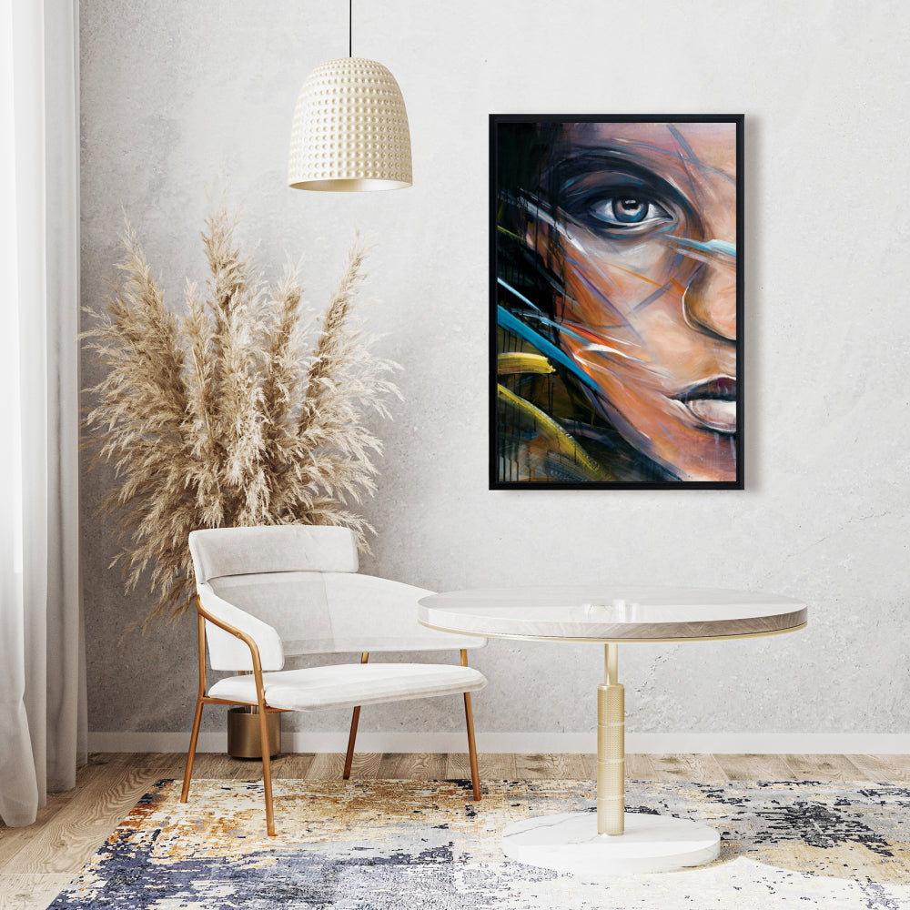 Toile colorée représentant un visage de femme | Décoration encadrée « Beauté bleue »