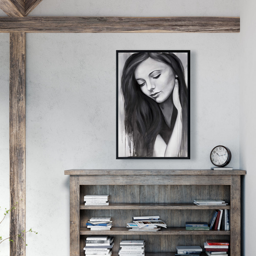 Realistic Woman Portrait - Monochrome Framed Canvas Decor