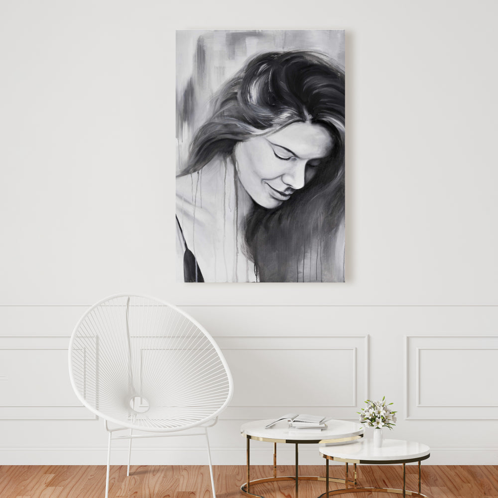 Smiling Woman Portrait Canvas | Monochrome Bedroom Decor