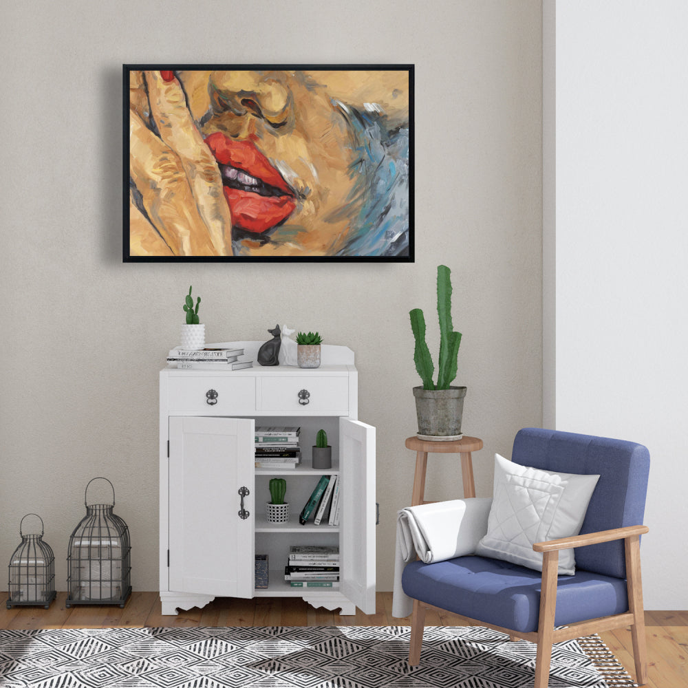 Figurative Brown Contemporary Framed Canvas - Shushing Lips Decor