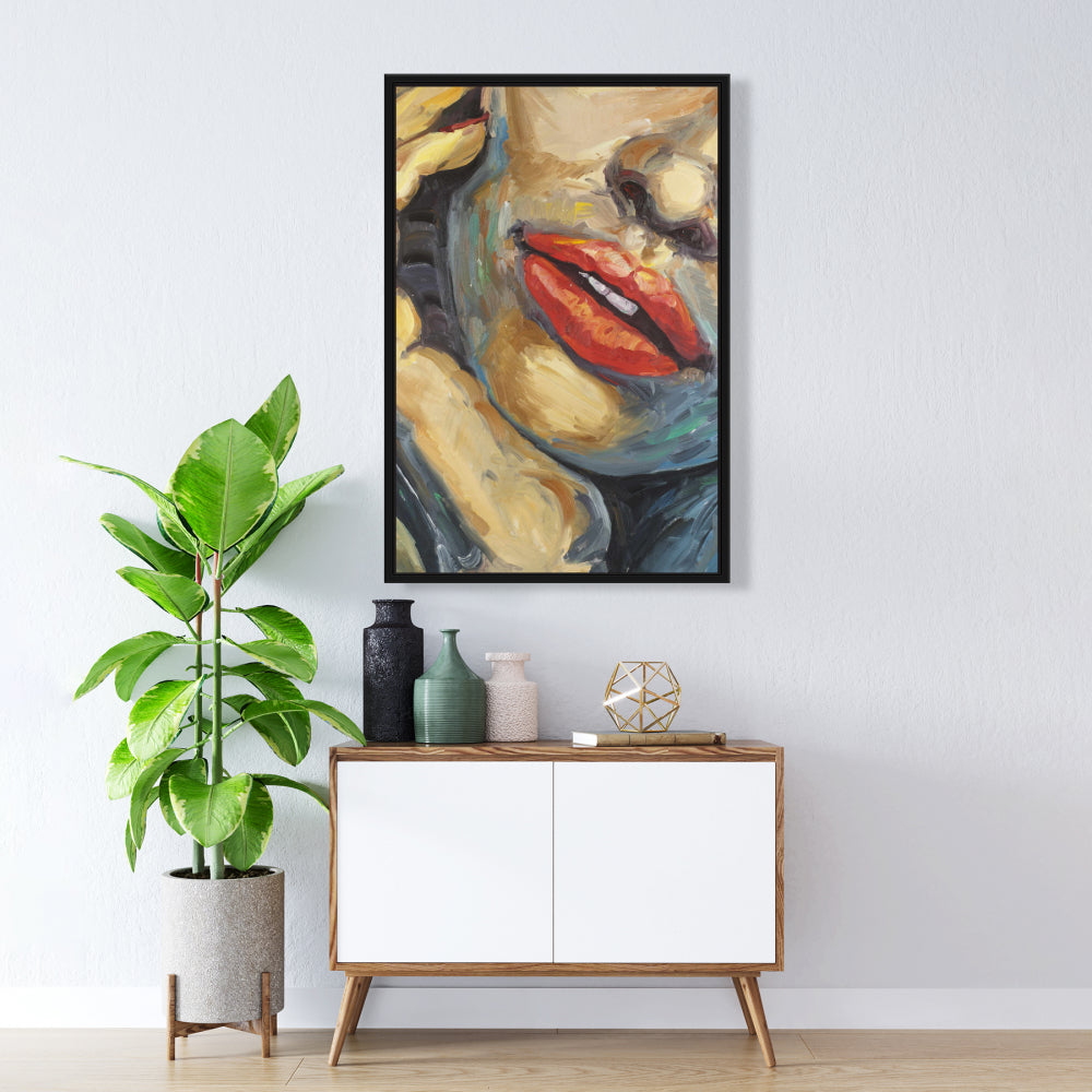 Brown Beauty Figurative Framed Canvas - Irresistible Lips Art