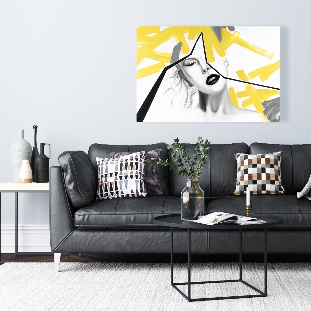 Gray Beauty Modern Canvas - Woman with Yellow Line Home Decor