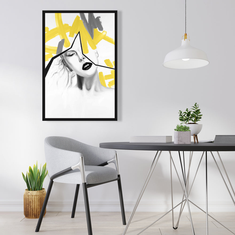 Woman with Yellow Line - Gray Framed Canvas | Bedroom Decor