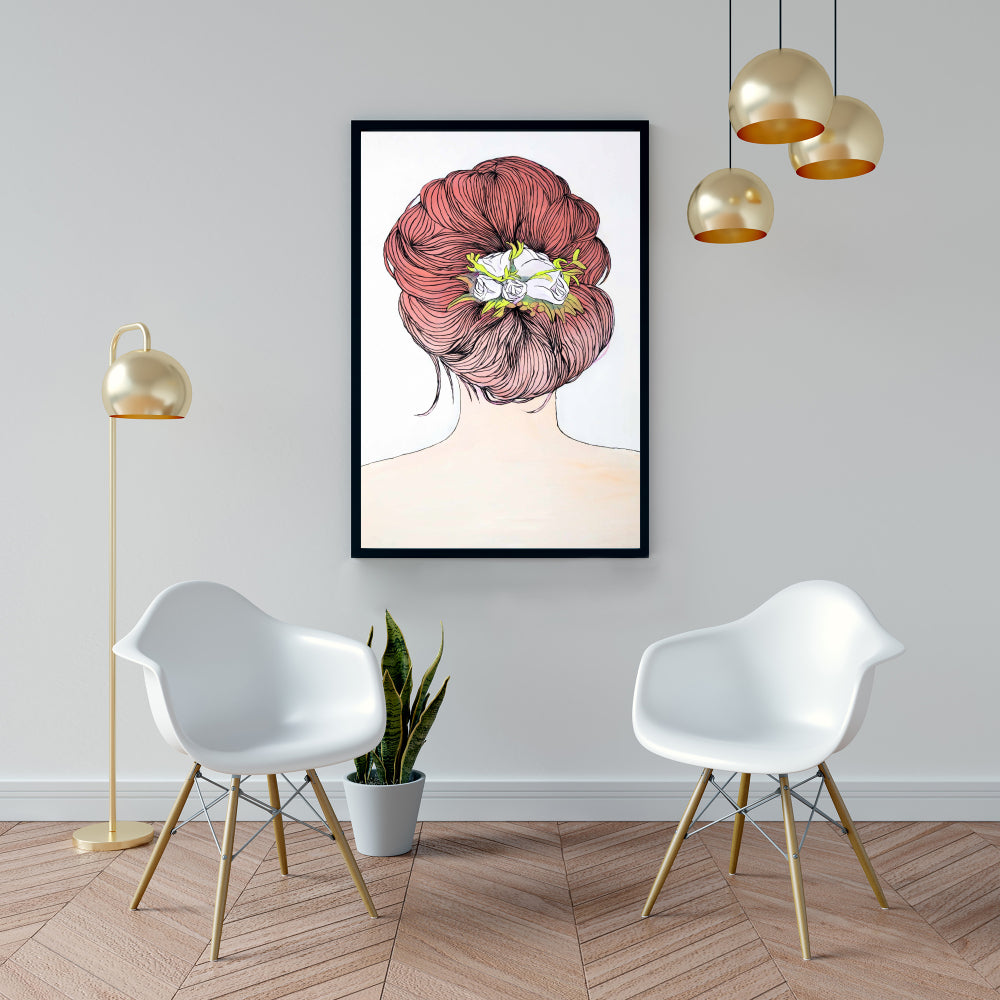 Dame aux fleurs dans les cheveux | Toile décorative encadrée blanche