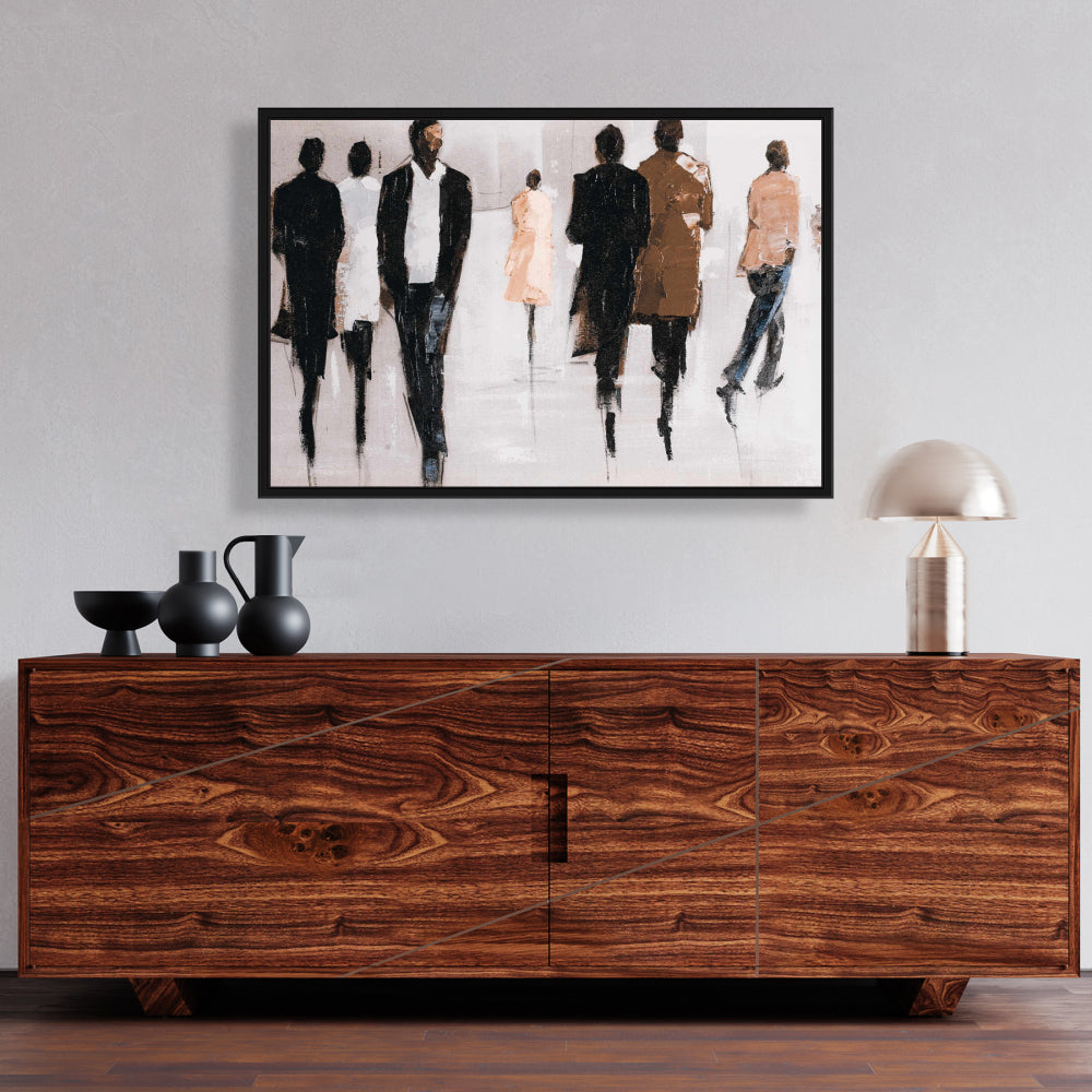 Toile encadrée représentant une femme dans une rue bleue