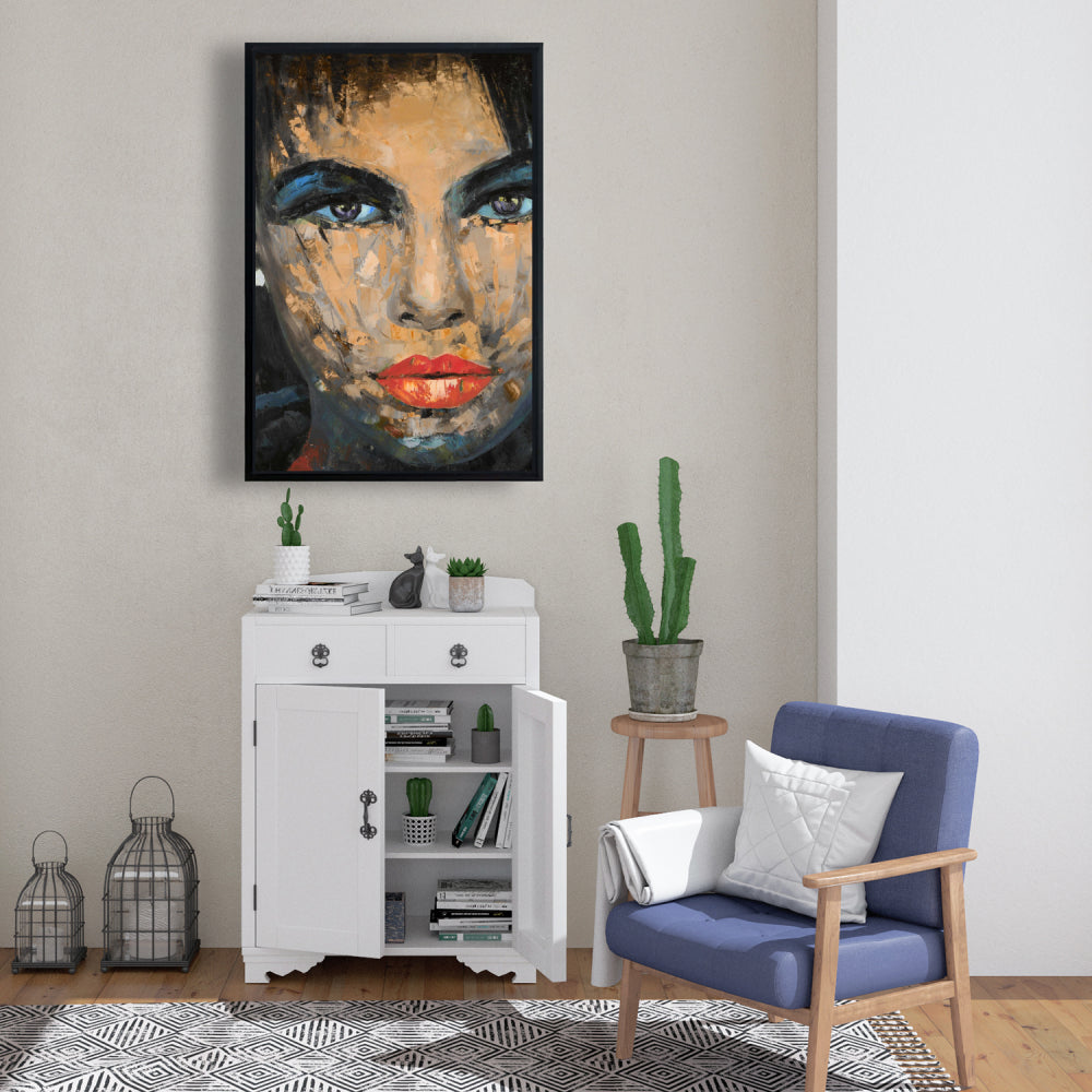 Portrait féminin abstrait | Toile encadrée bleue - Décoration d'intérieur