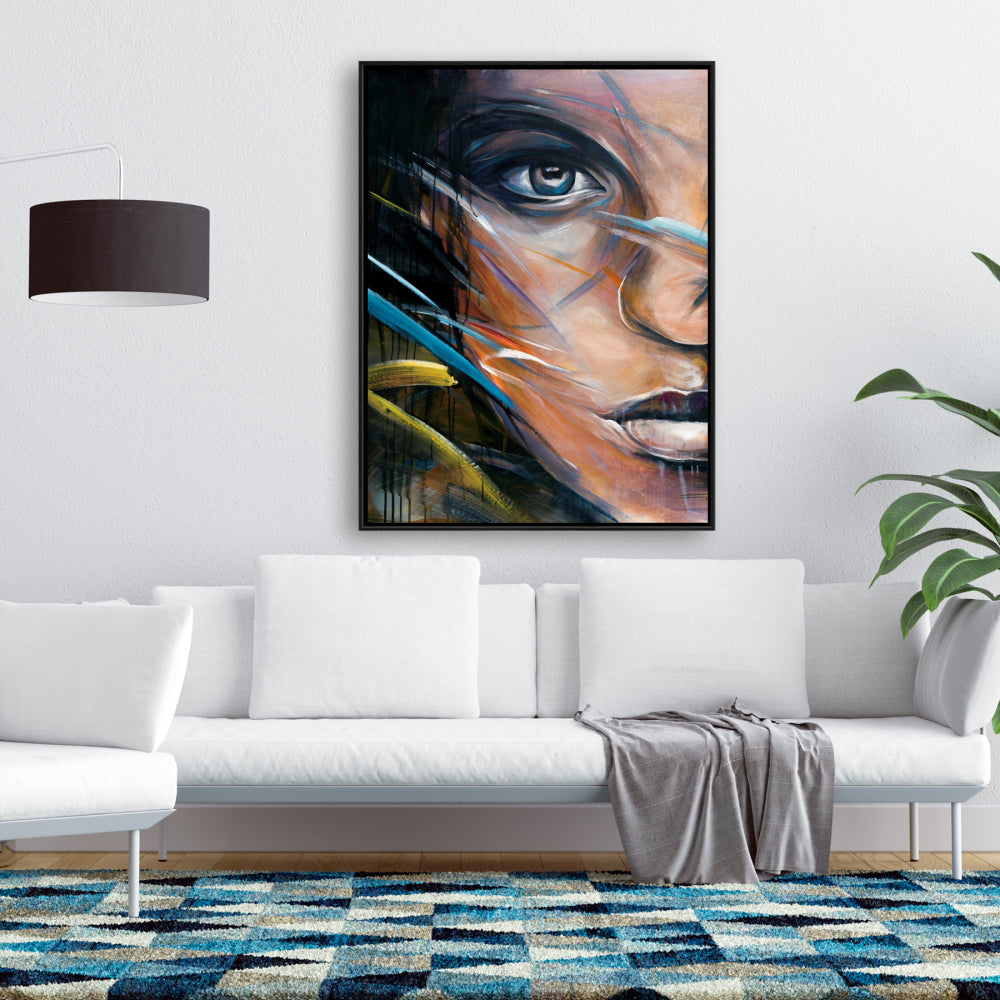 Toile colorée représentant un visage de femme | Décoration encadrée « Beauté bleue »