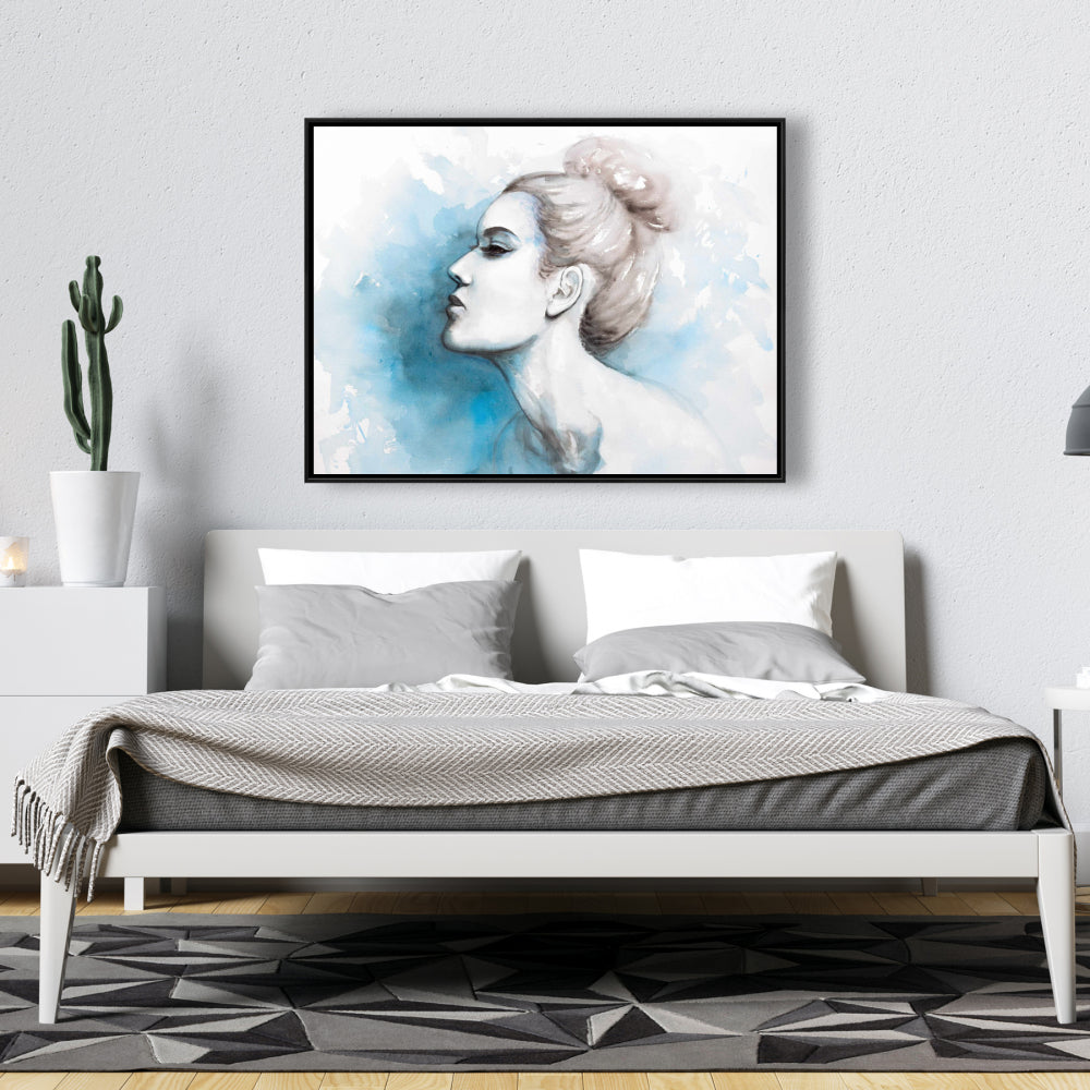 Watercolor Abstract Girl Canvas - Blue Frame Bedroom Decor