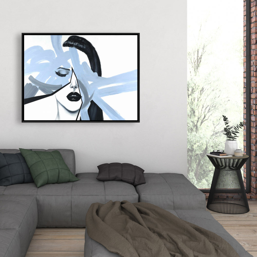 Portrait abstrait de femme bleue | Toile encadrée contemporaine