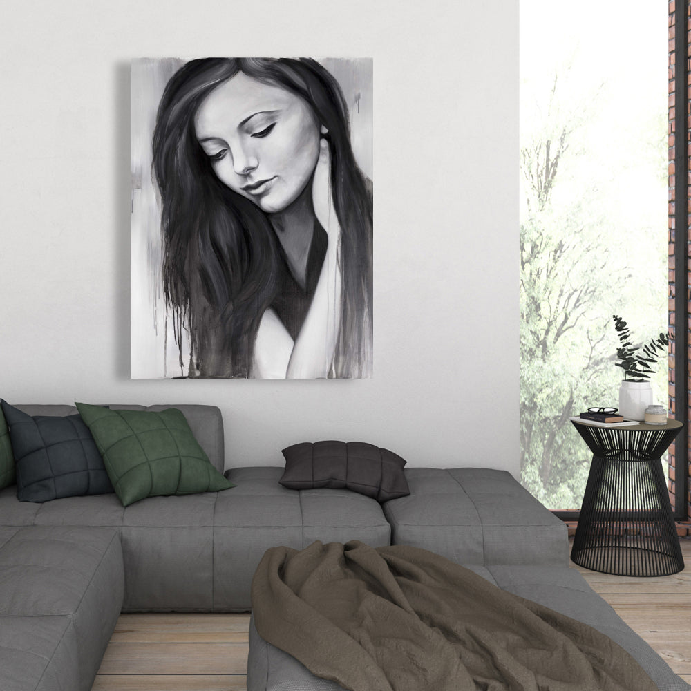 Realistic Woman Portrait | Monochrome White Canvas Decor