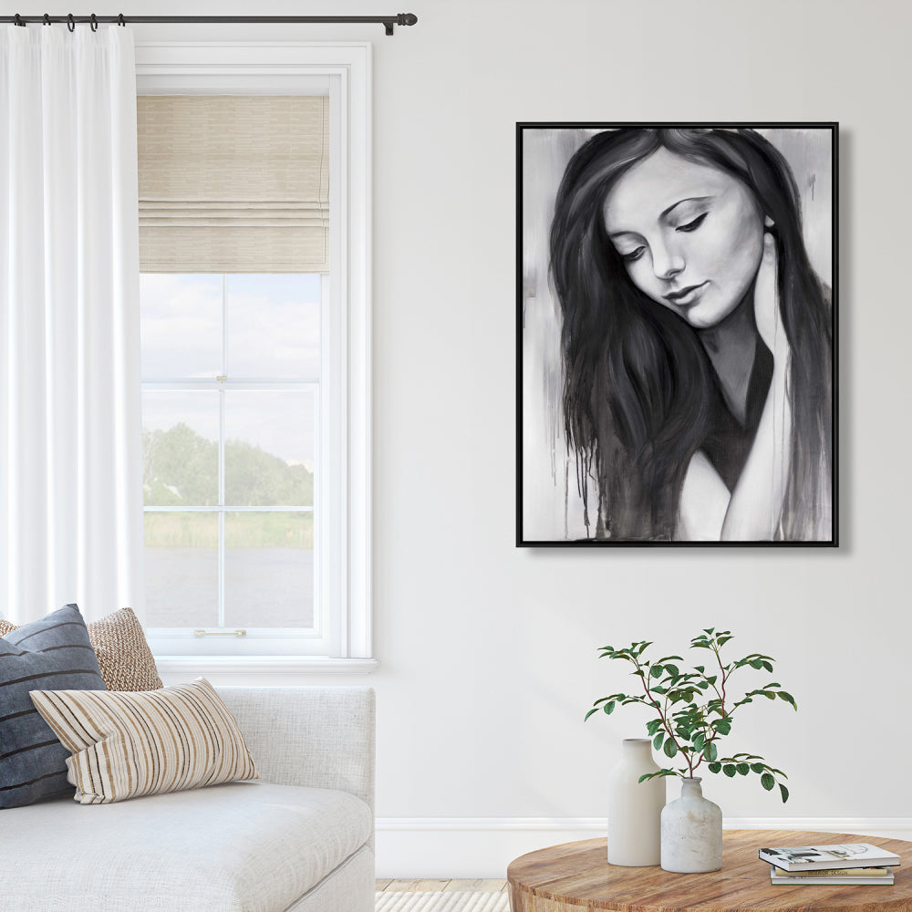Realistic Woman Portrait - Monochrome Framed Canvas Decor