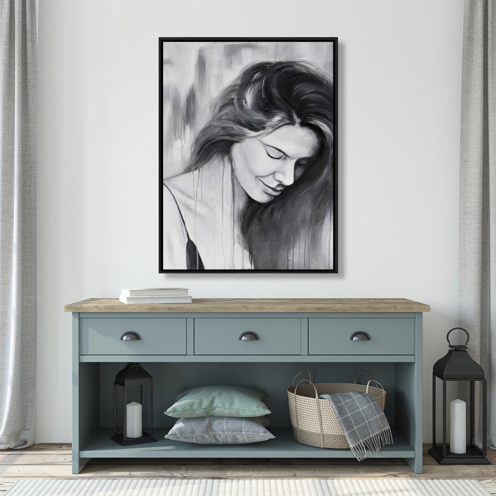 Smiling Woman Portrait - White Bedroom Framed Canvas Decor