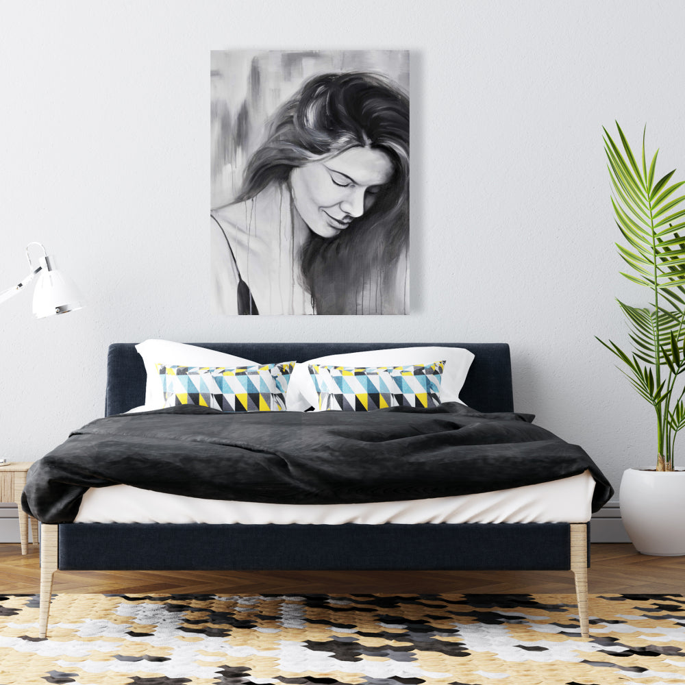 Smiling Woman Portrait Canvas | Monochrome Bedroom Decor