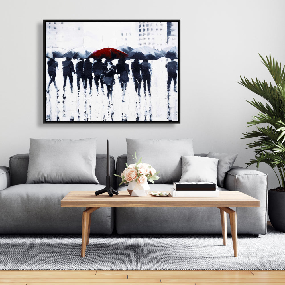 Silhouettes Walking in Rain - Blue Bedroom Framed Canvas Decor