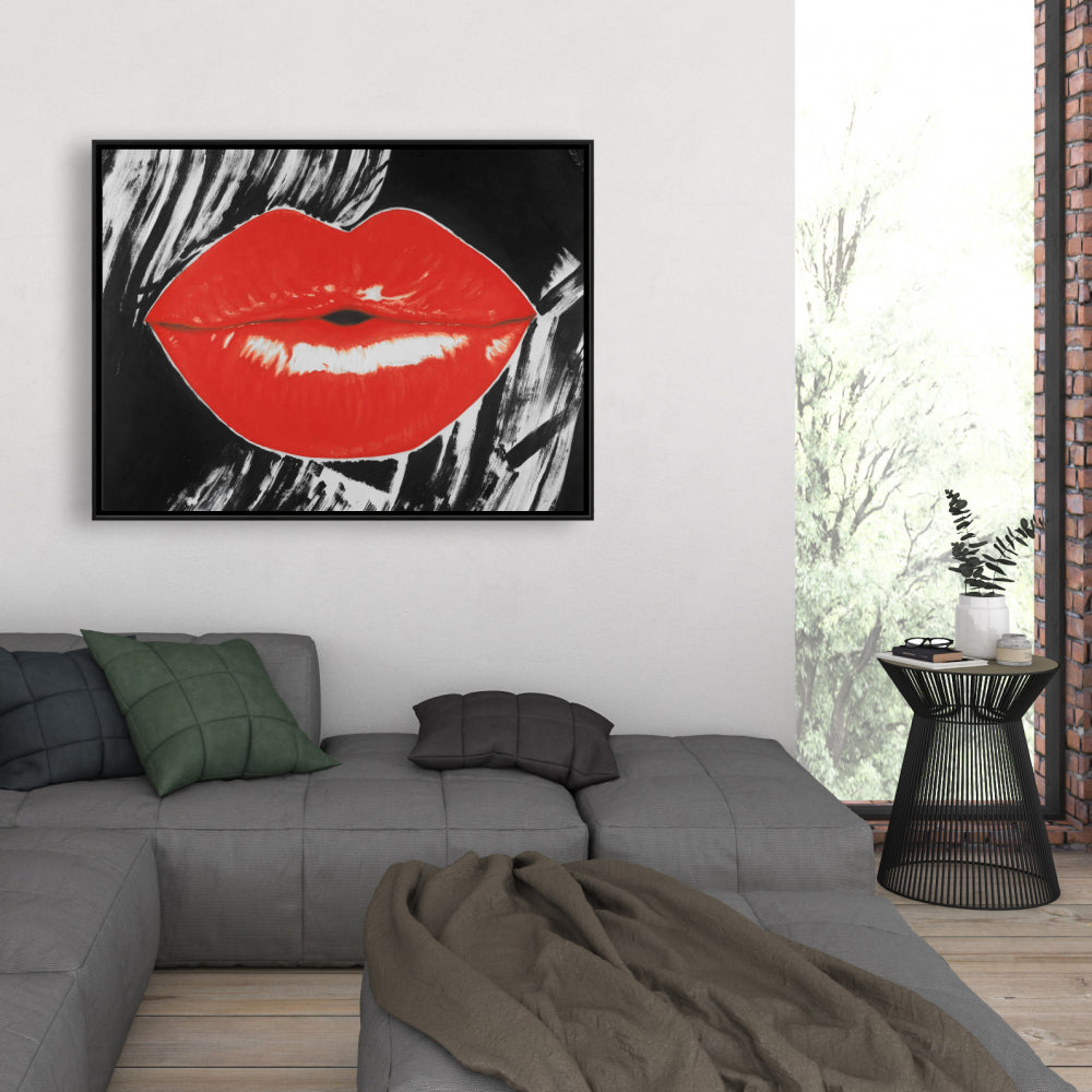 Pouty Glossy Lips - Black Retro Framed Canvas | Home Decor