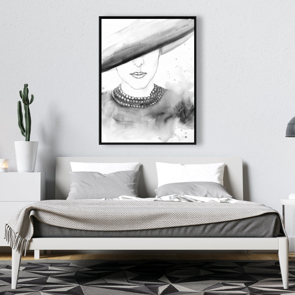 Toile encadrée monochrome blanche – Femme mystérieuse au chapeau