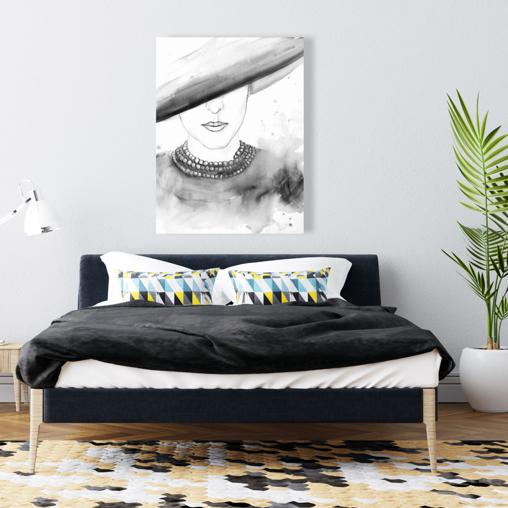 Toile « Femme mystérieuse au chapeau » : Décoration murale élégante pour chambre à coucher