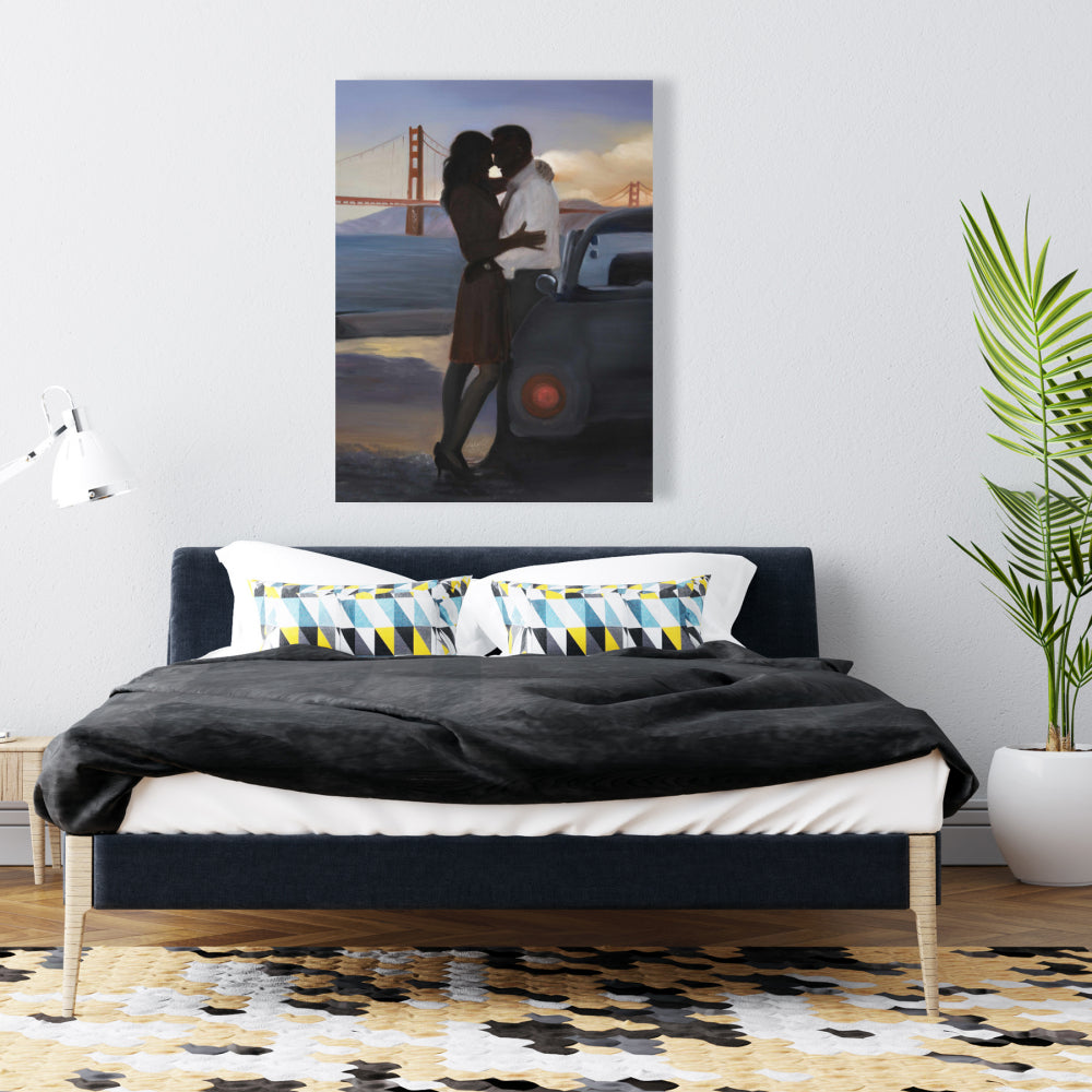 Blue Bedroom Bridge Canvas | Loving Couple San Francisco Art