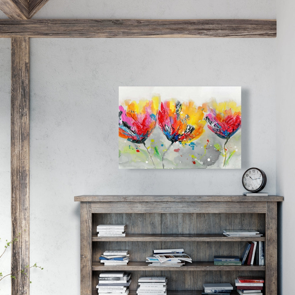 "Floral & Botanical Gray Canvas - Four Colored Flowers Decor"