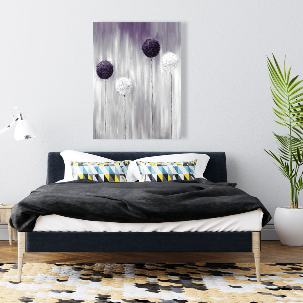 Purple Allium Flowers Canvas | Gray Botanical Wall Art Decor