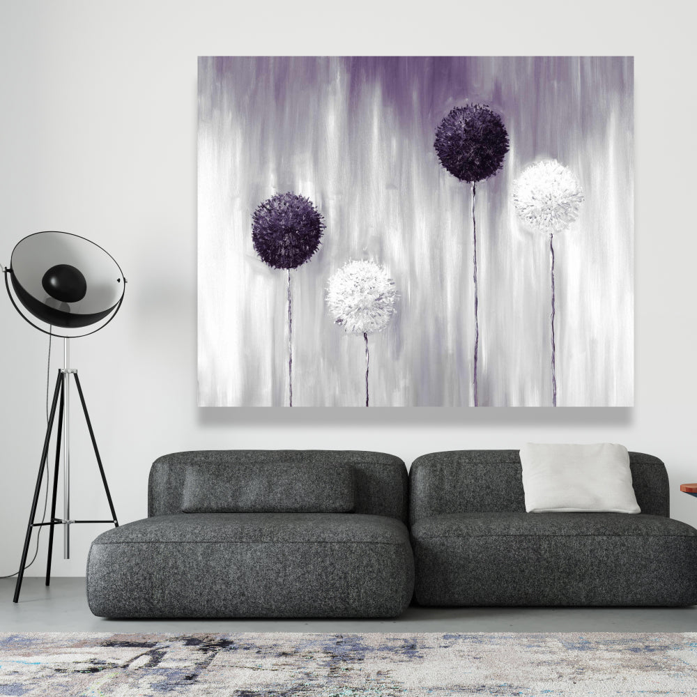 Purple Allium Flowers Canvas | Gray Botanical Wall Art Decor