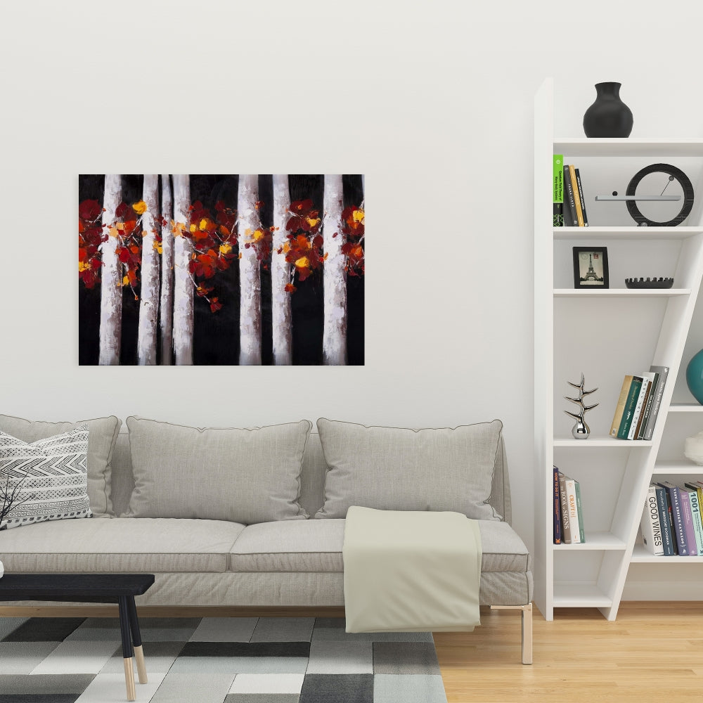 Toile Arbres blancs et feuilles oranges - Décoration de chambre contemporaine