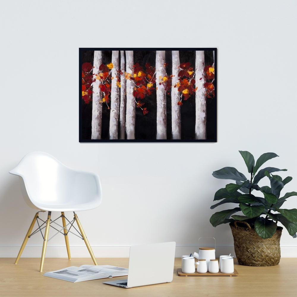 Toile « Arbres blancs, feuilles orange » | Paysages d'arbres noirs