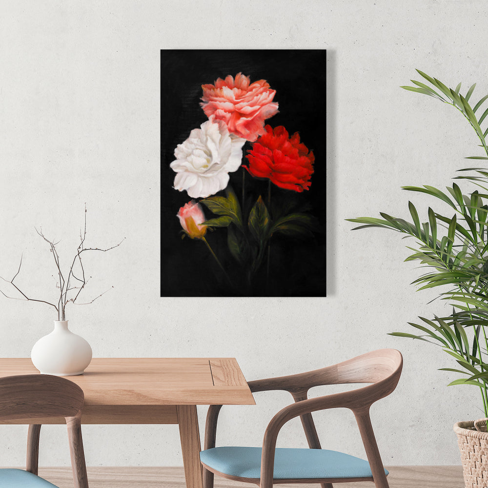 Small Bundle of Roses | Botanical Black Canvas for Home Decor