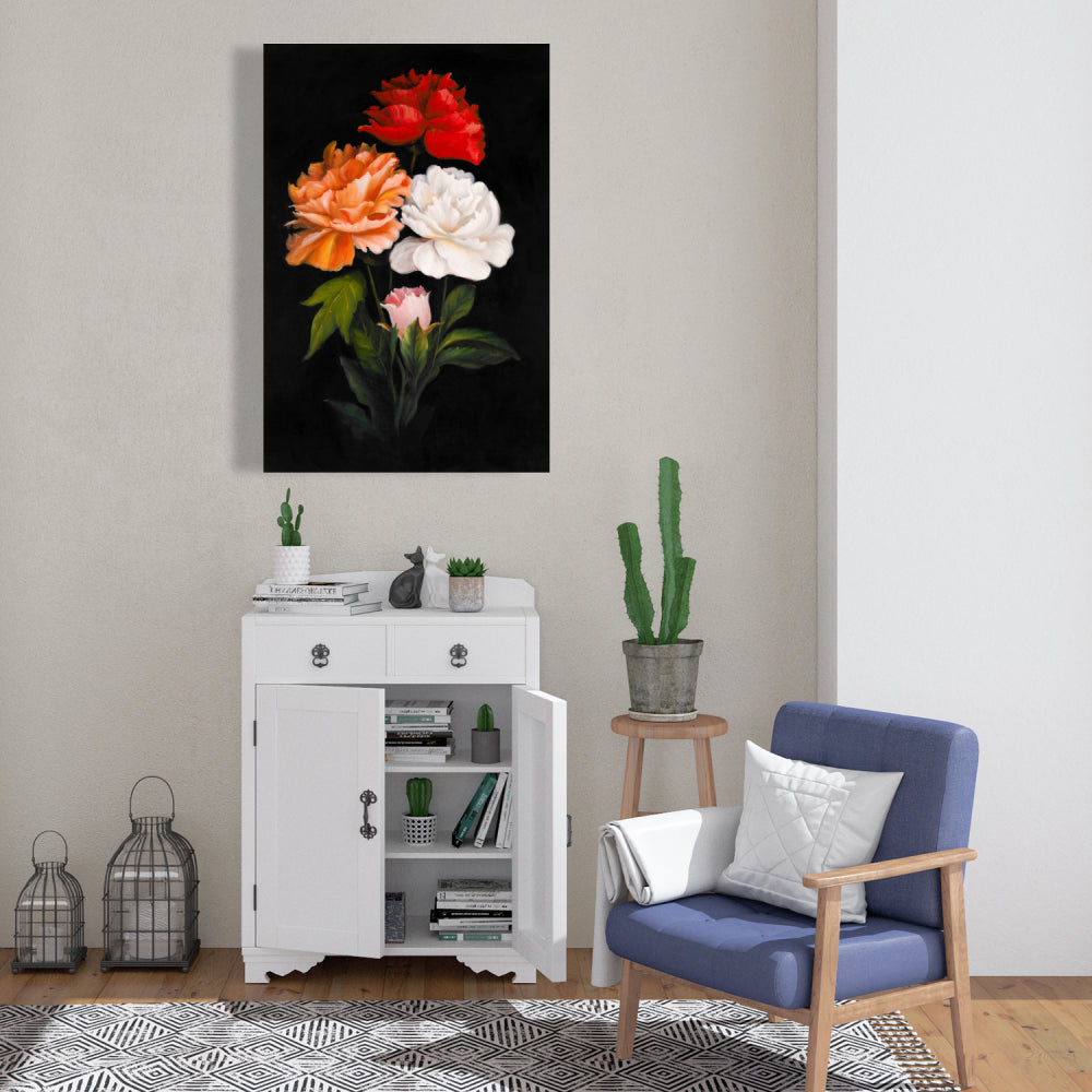 Romantic Black Floral Canvas - Three Beautiful Rose Flowers Decor