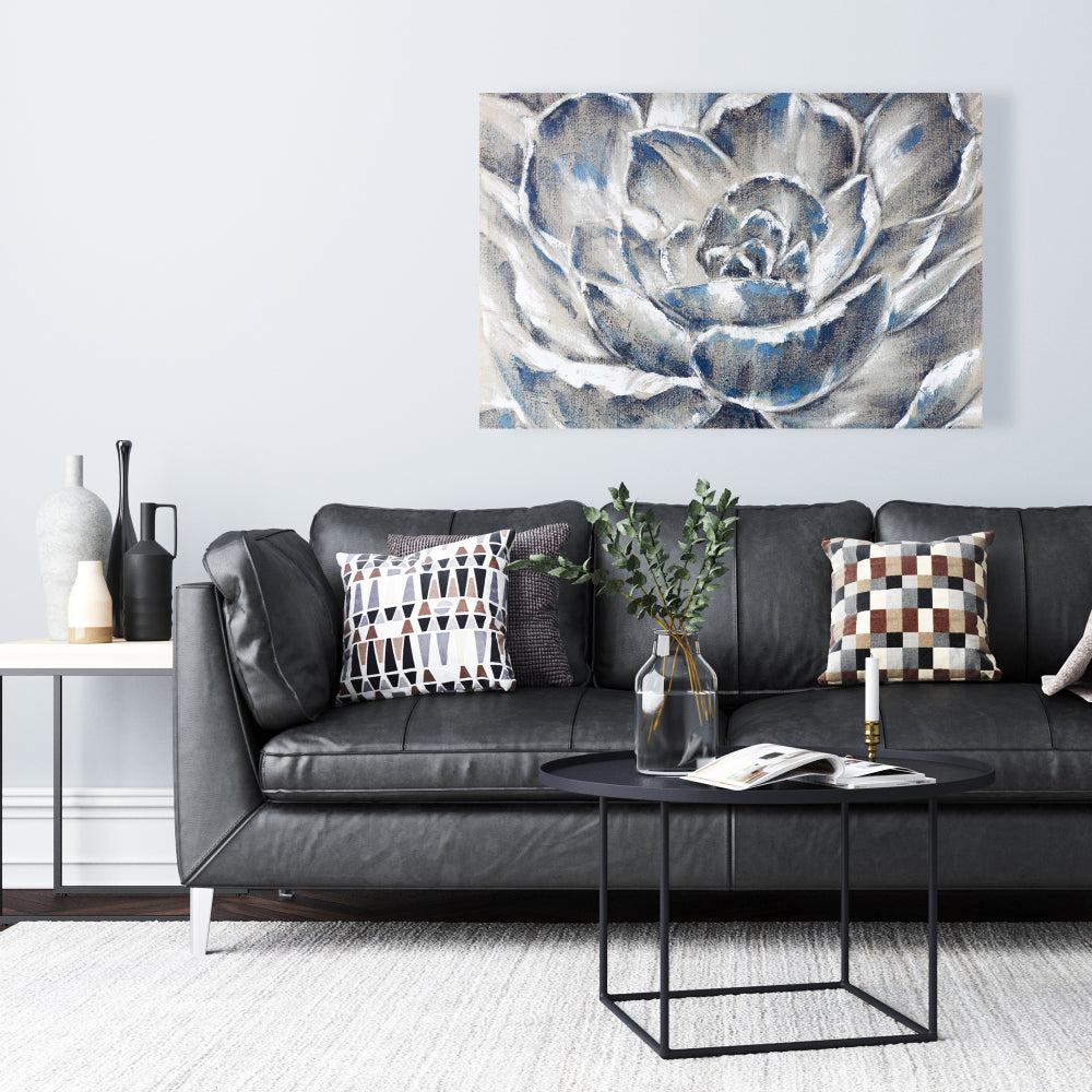 Gray and Blue Flower Canvas | Botanical Bedroom Wall Decor