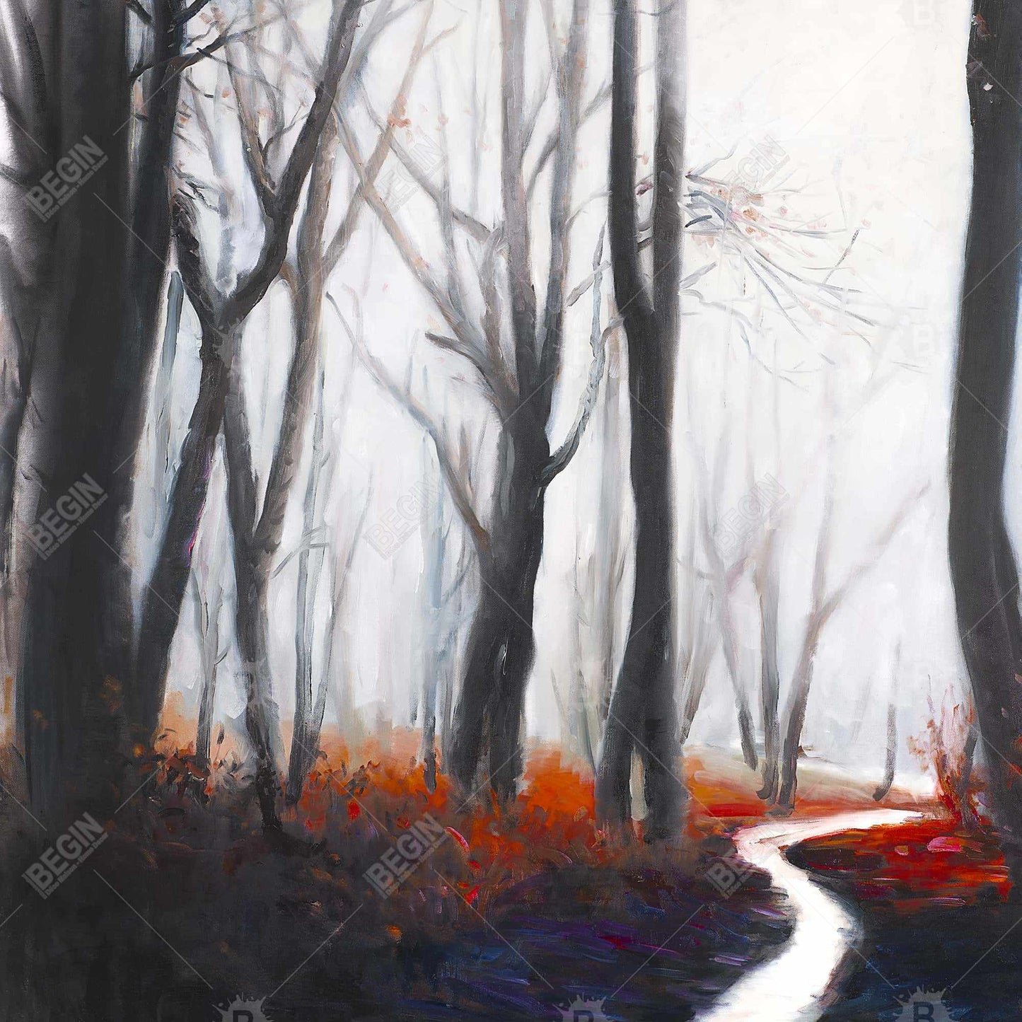 Mysterious Forest Stream Canvas | Gray Framed Trees Bedroom Decor