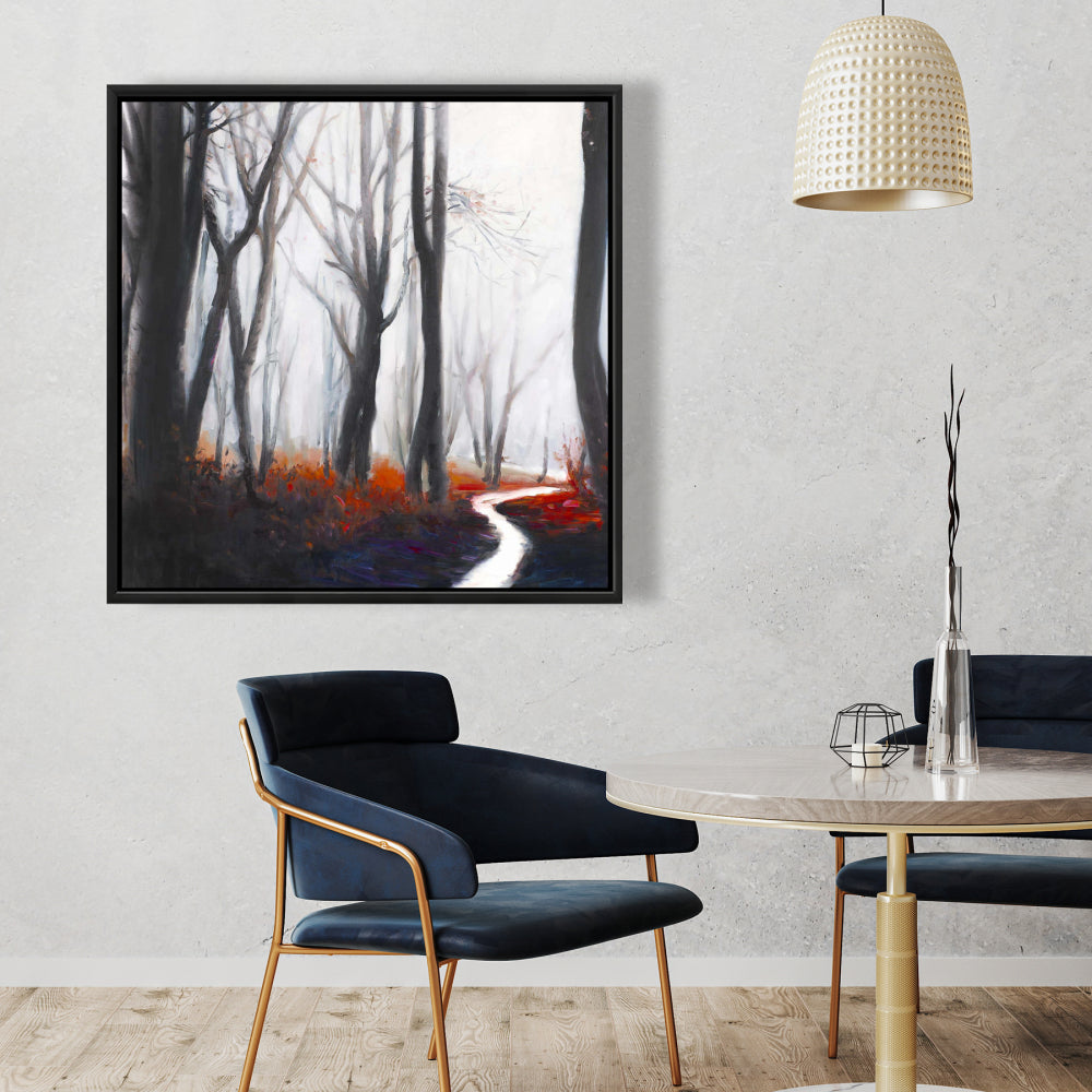 Mysterious Forest Stream Canvas | Gray Framed Trees Bedroom Decor