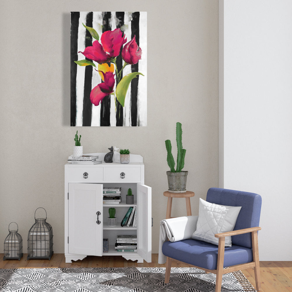 Botanical White Floral Canvas - Flowers on Black & White Stripes