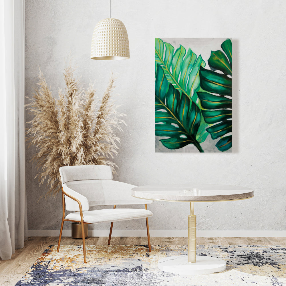Bedroom Green Botanical Canvas - Three Exotic Plant Leaves Decor