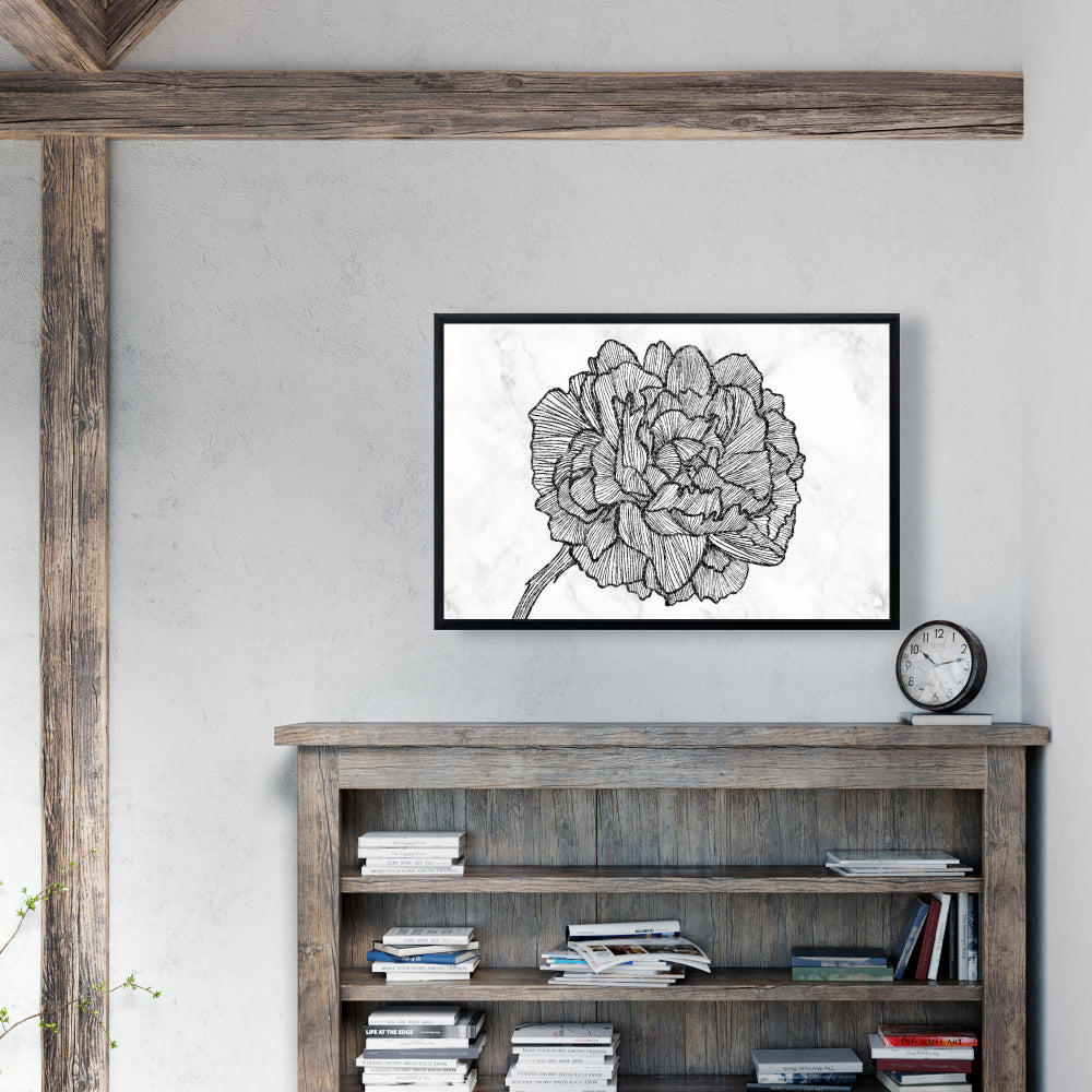 Toile florale pivoine lumineuse - Cadre blanc monochrome
