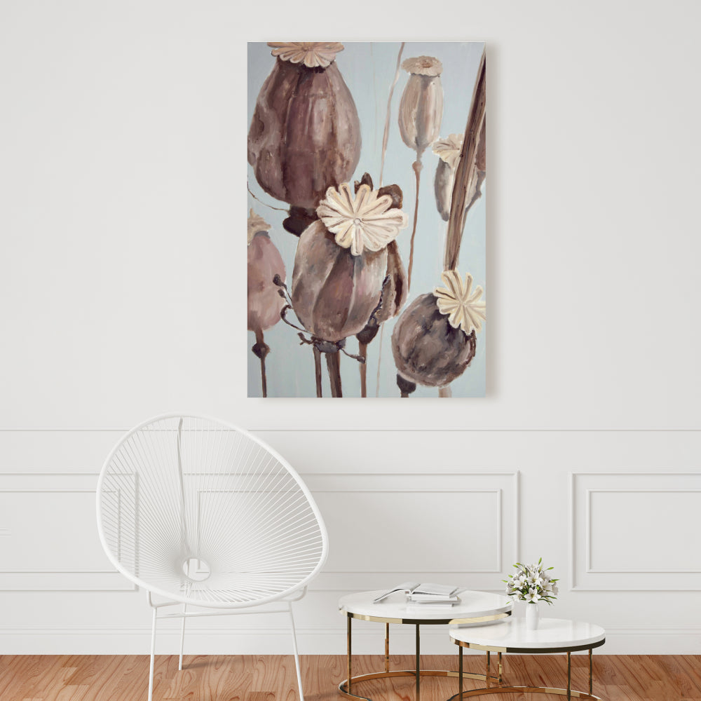 Sepia Poppy Head Flowers Canvas - Floral White Bedroom Decor