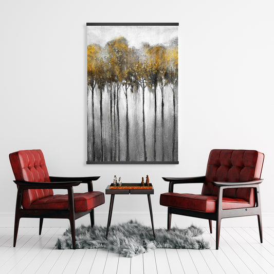 Forêt jaune abstraite | Décoration sur toile magnétique avec arbres gris