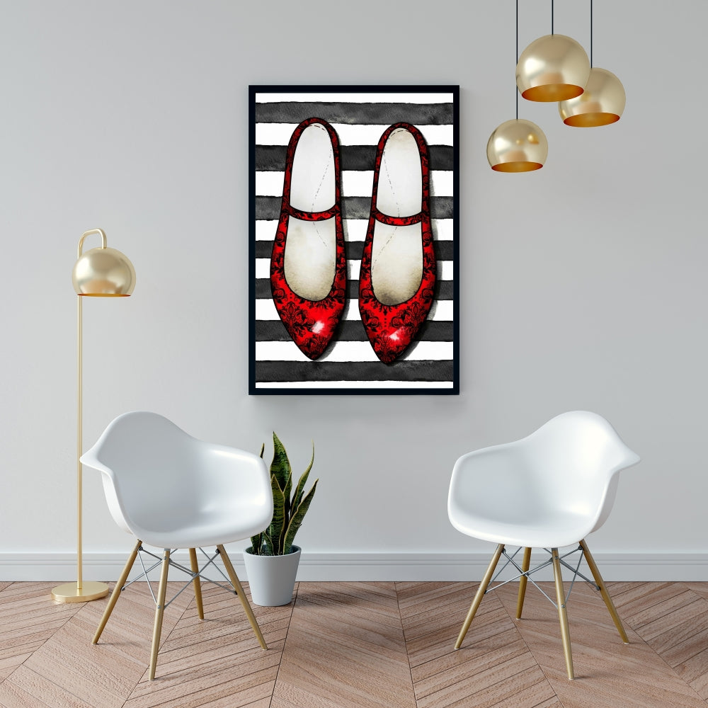 Toile rouge brillante avec chaussures | Décoration de chambre à fond rayé